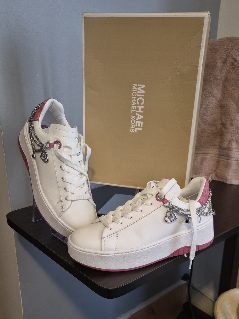 Michael Kors White Sneakers with Pink Trim and Silver Chain Detail